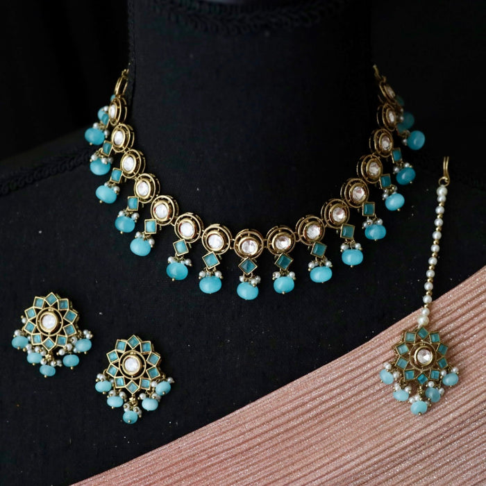 Trendy blue bead choker necklace with earrings and tikka 1488141