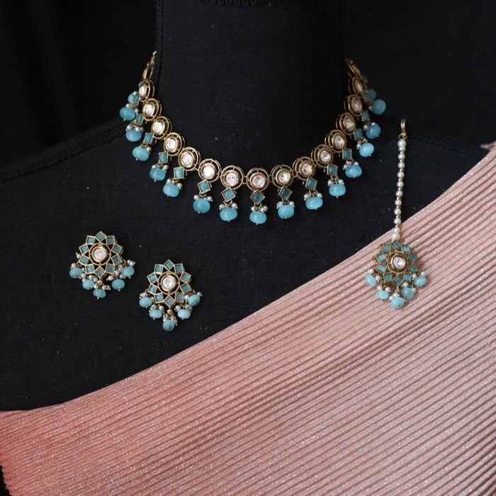 Trendy blue bead choker necklace with earrings and tikka 1488141