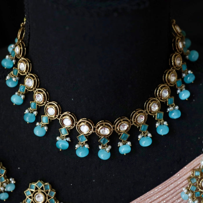 Trendy blue bead choker necklace with earrings and tikka 1488141