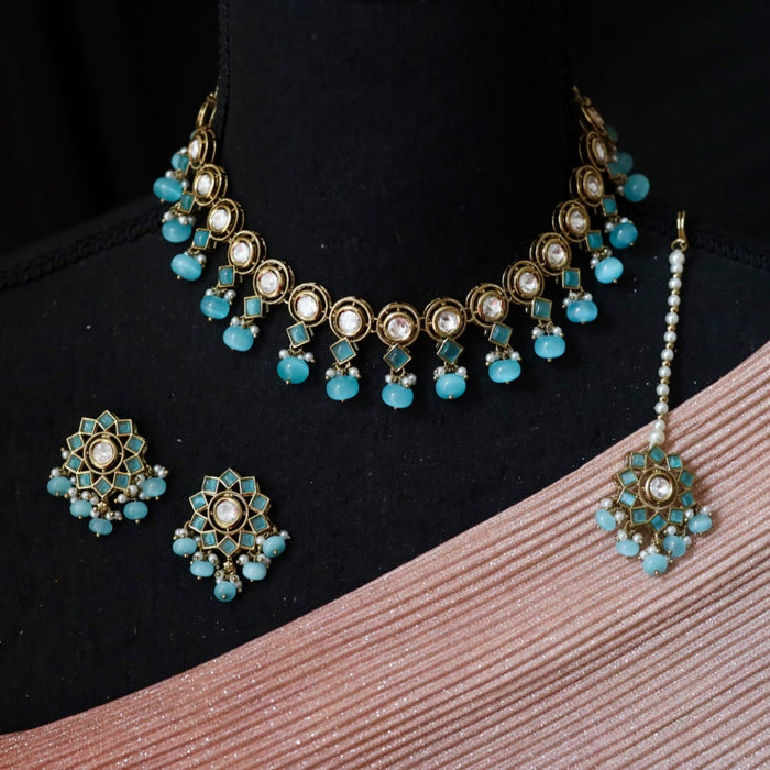 Trendy blue bead choker necklace with earrings and tikka 1488141