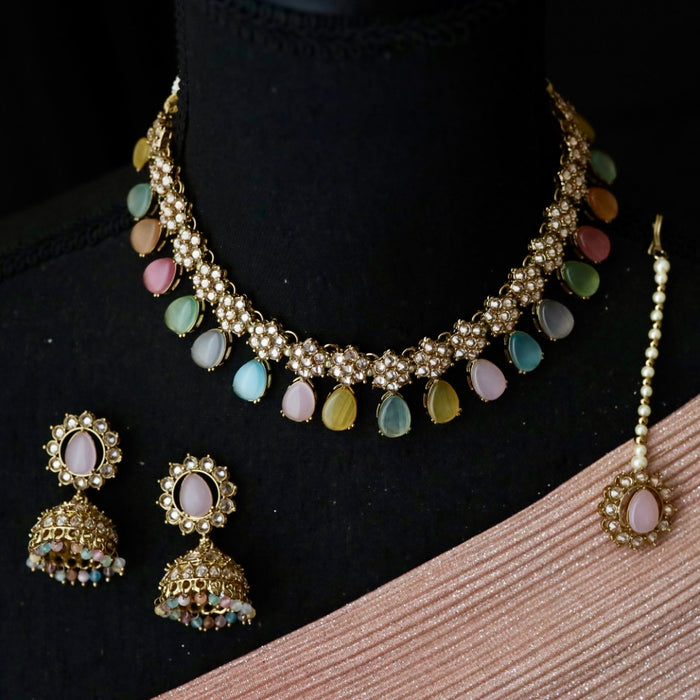 Trendy multi colour stone choker necklace with earrings and tikka 148865