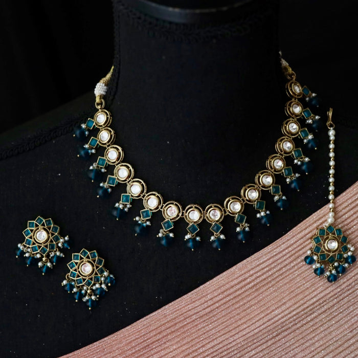 Trendy green bead choker necklace with earrings and tikka 14881866