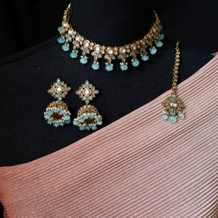 Trendy mint bead choker necklace with earrings and tikka 1488176