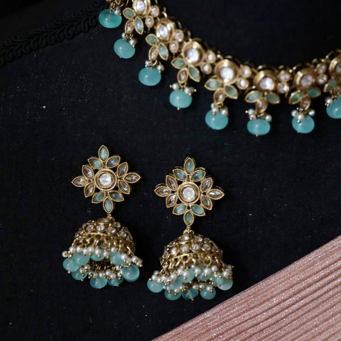 Trendy mint bead choker necklace with earrings and tikka 1488176