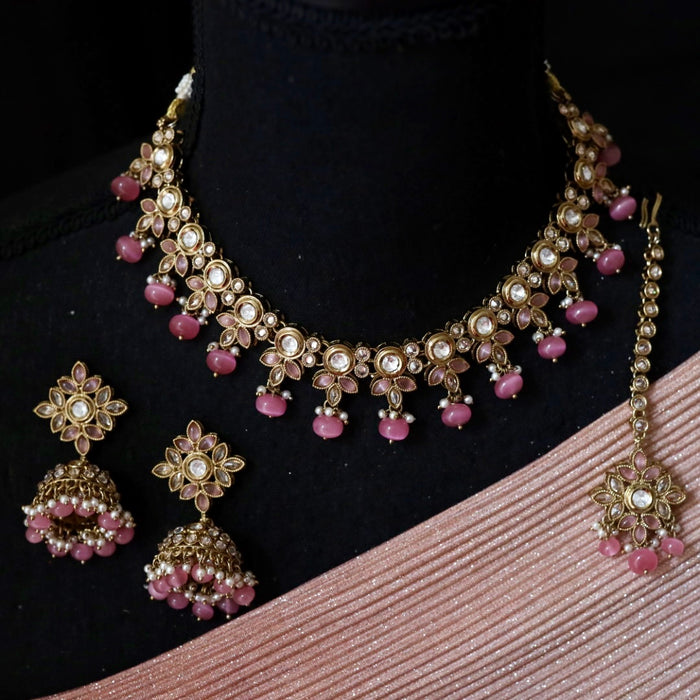 Trendy pink bead choker necklace with earrings and tikka 1488165