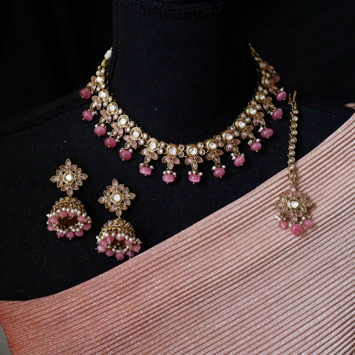 Trendy pink bead choker necklace with earrings and tikka 1488165