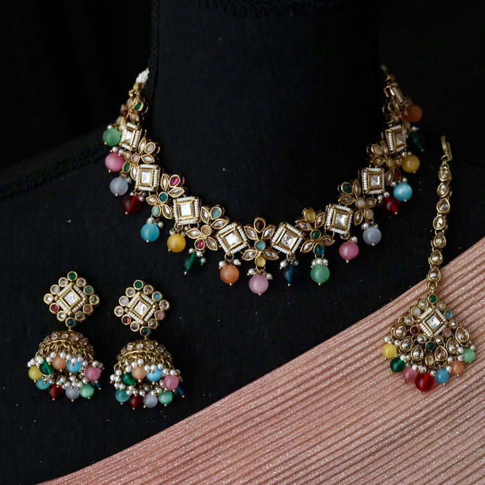 Trendy multi colour bead choker necklace with earrings and tikka 148433