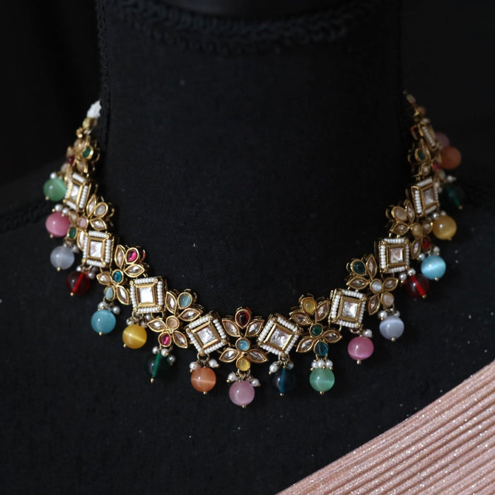 Trendy multi colour bead choker necklace with earrings and tikka 148433