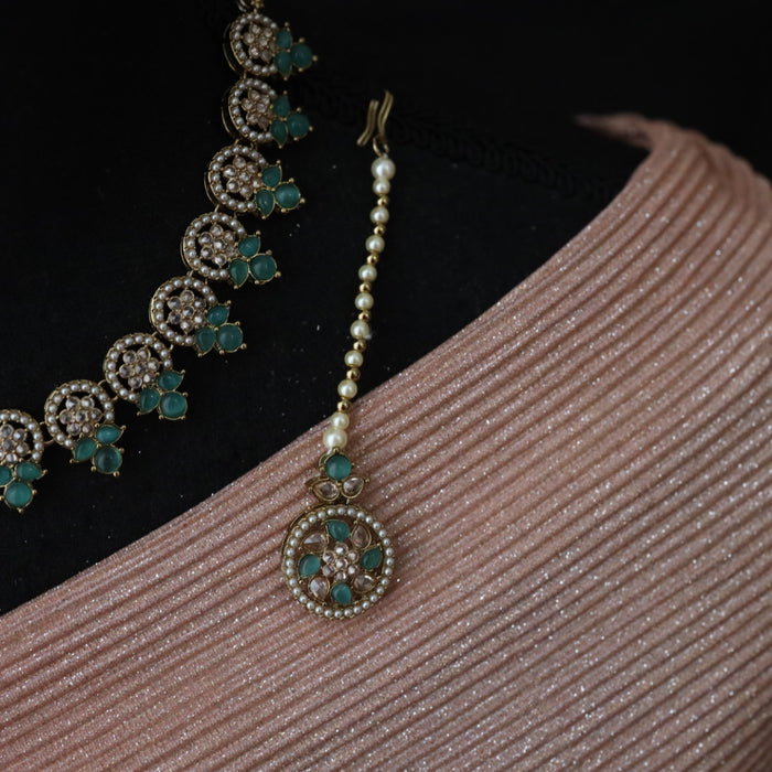 Trendy green bead choker necklace with earrings and tikka 442244