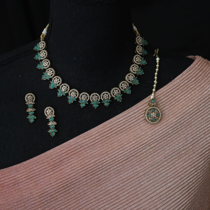 Trendy green bead choker necklace with earrings and tikka 442244
