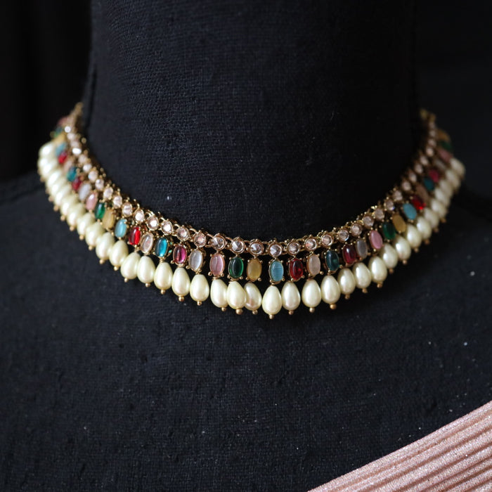 Trendy multi colour stone choker necklace with earrings and tikka 63333