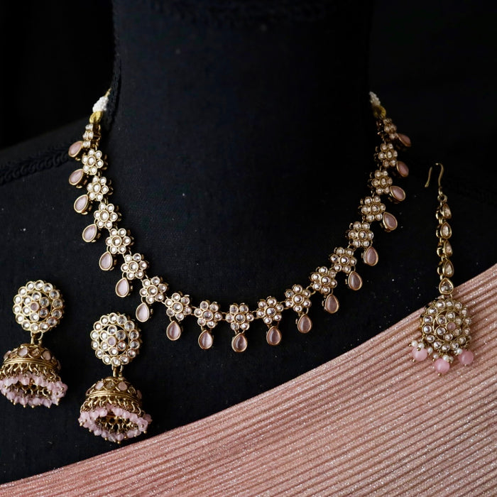 Trendy pink bead choker necklace with earrings and tikka 754444