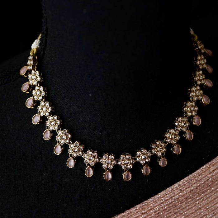 Trendy pink bead choker necklace with earrings and tikka 754444