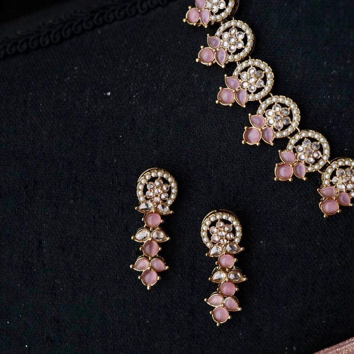 Trendy pink bead choker necklace with earrings and tikka 43222
