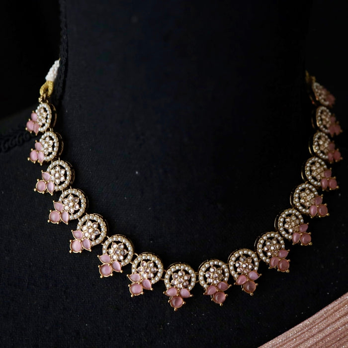 Trendy pink bead choker necklace with earrings and tikka 43222