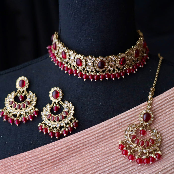 Trendy hot pink bead choker necklace with earrings and tikka 7754222