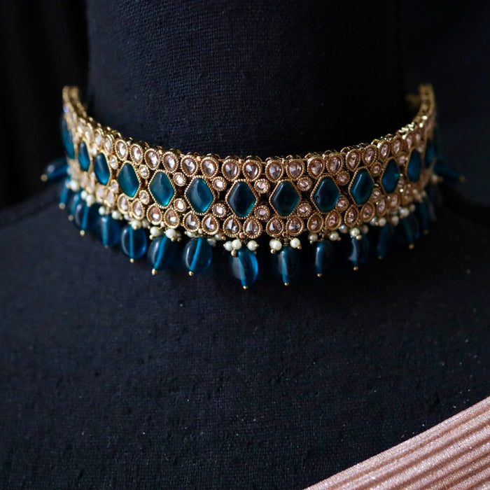 Trendy dark blue bead choker necklace with earrings and tikka 244444