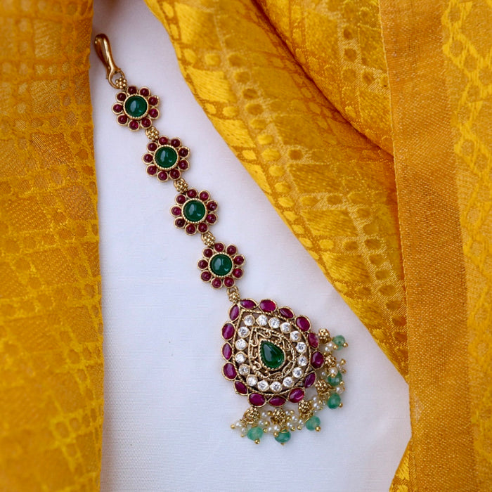 Antique ruby and green stone maang tikka 144876