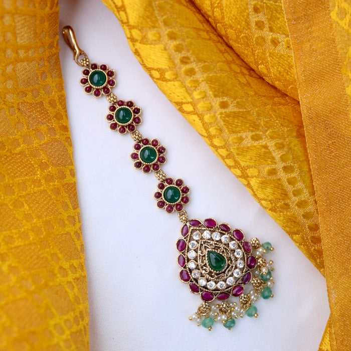 Antique ruby and green stone maang tikka 144876
