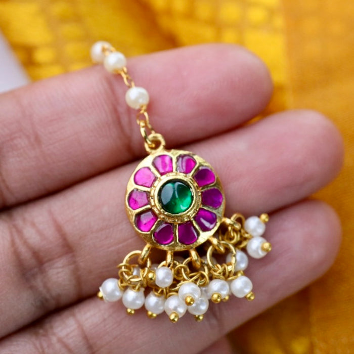 Antique ruby and green stone maang tikka 144864
