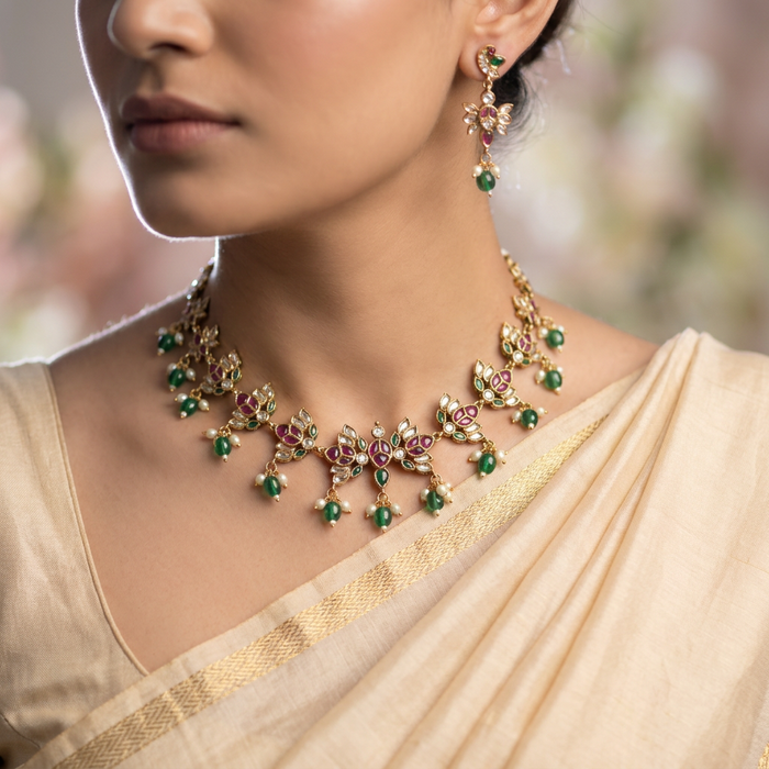 Antique kemp green stone short necklace with earrings SS10-142
