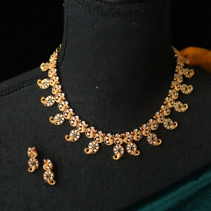 Antique gold mango short necklace with earrings 148933