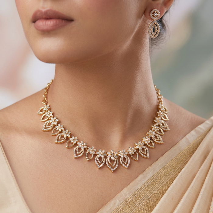 Heritage gold plated white stone short necklace with earrings TH1021