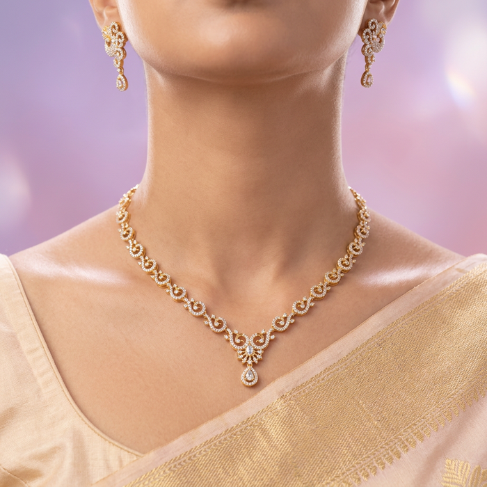 Heritage gold plated white stone short necklace with earrings TTH1016