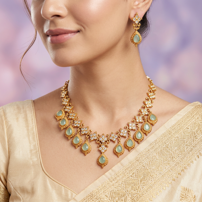 Antique short blue stone necklace with earrings SS11063