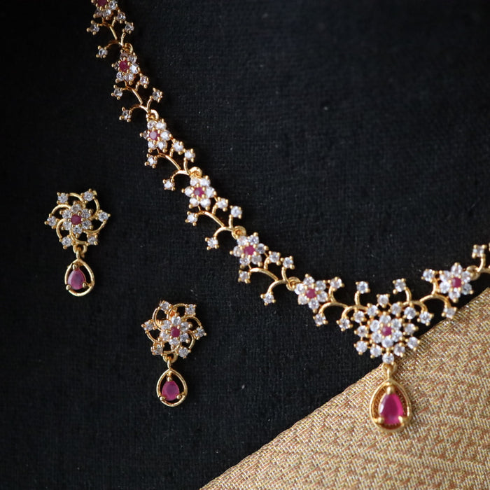 Heritage gold plated ruby white stone short necklace earrings 1654322