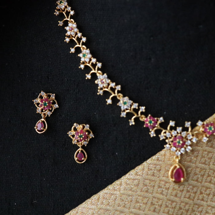 Heritage gold plated ruby white stone short necklace with earrings 134223