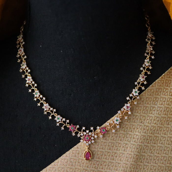 Heritage gold plated ruby white stone short necklace with earrings 134223