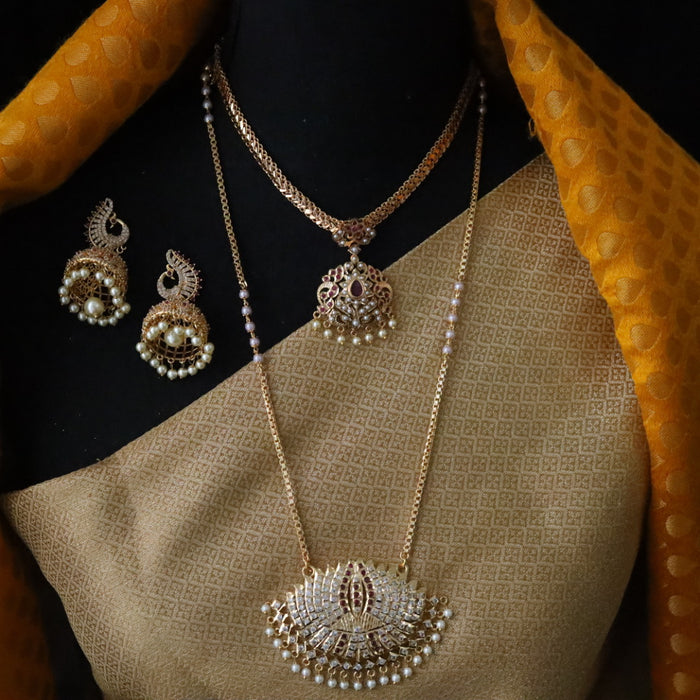 Heritage gold plated white stone short necklace Padakam set with earrings 134521