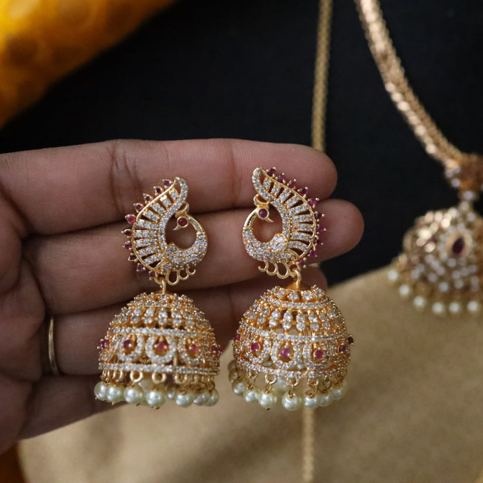 Heritage gold plated white stone short necklace Padakam set with earrings 134521