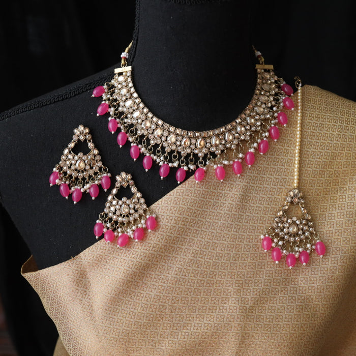 Trendy hot pink bead choker necklace with earrings and tikka 485566