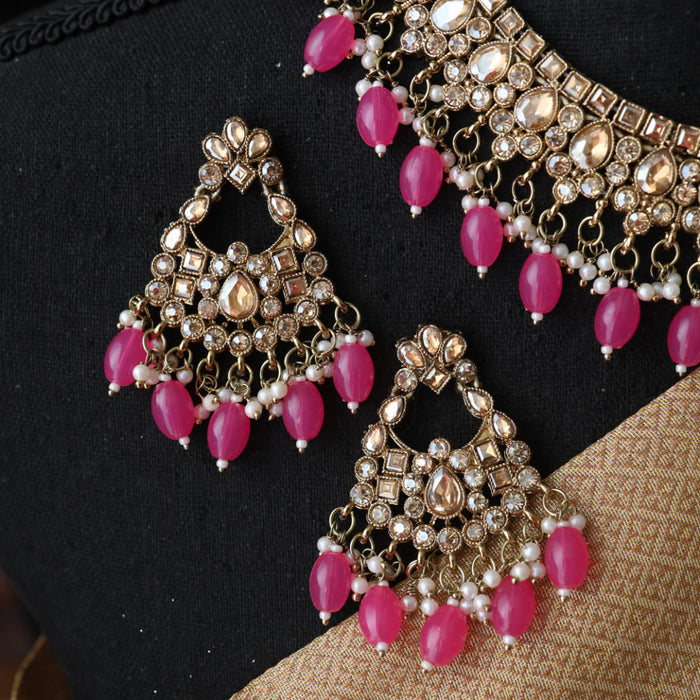 Trendy hot pink bead choker necklace with earrings and tikka TP56