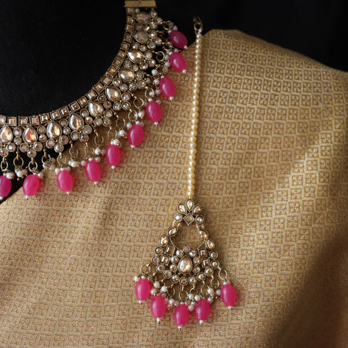 Trendy hot pink bead choker necklace with earrings and tikka 485566