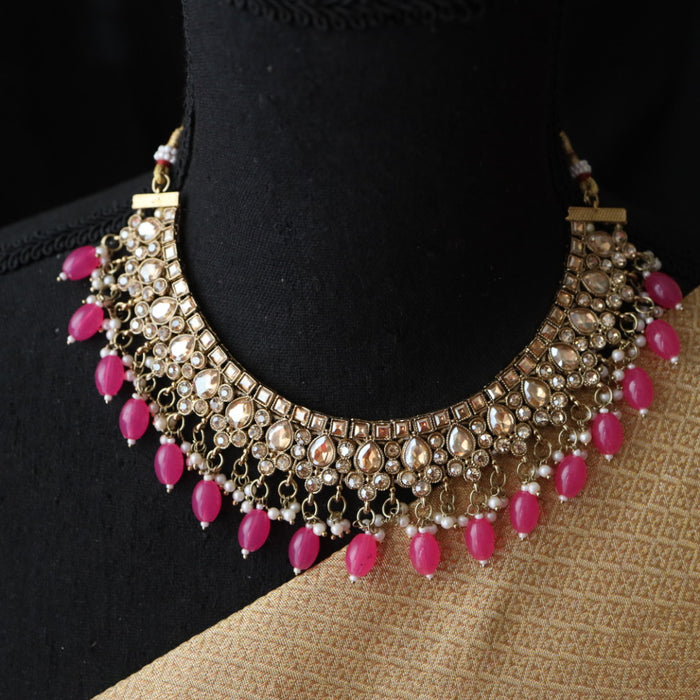 Trendy hot pink bead choker necklace with earrings and tikka 485566