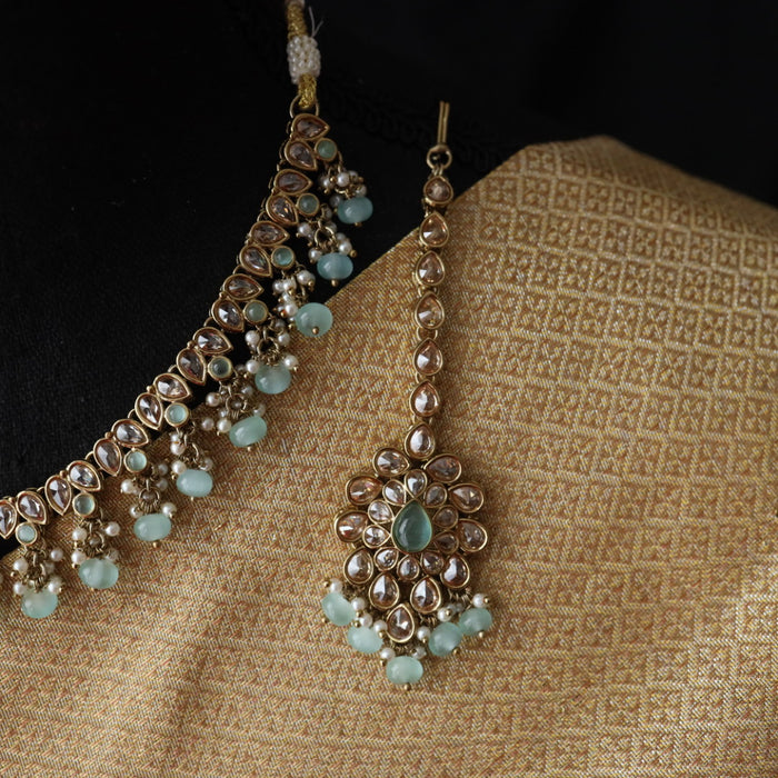 Trendy mint bead choker necklace with earrings and tikka 148556