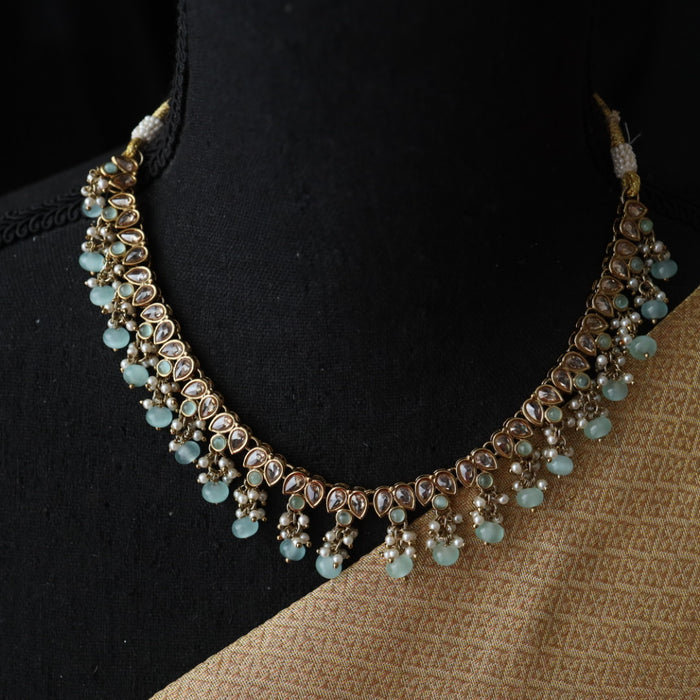 Trendy mint bead choker necklace with earrings and tikka 148556