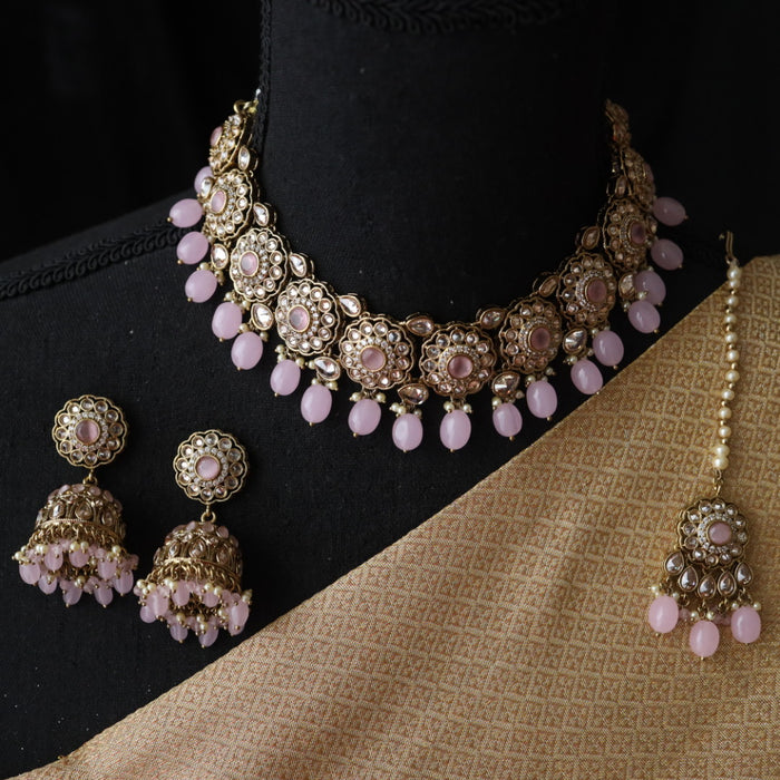 Trendy pink bead choker necklace with earrings and tikka 146444