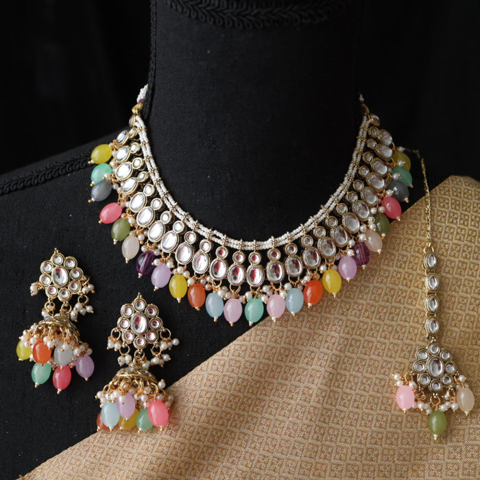 Trendy multi colour bead choker necklace with earrings and tikka 3111334