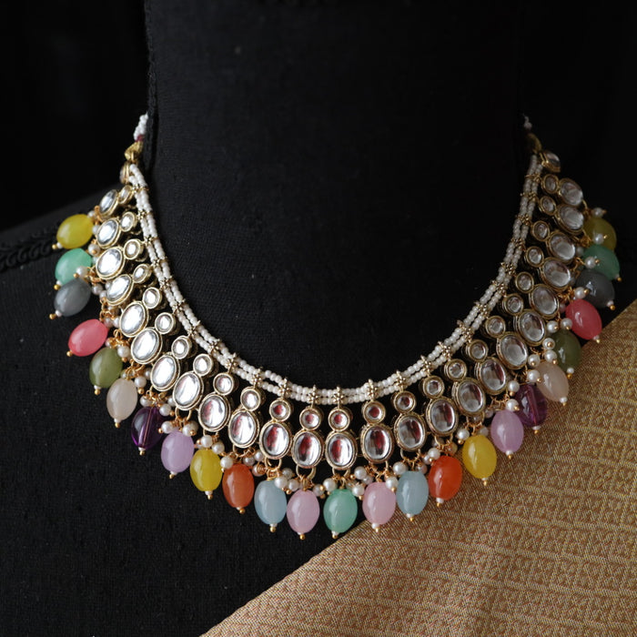 Trendy multi colour bead choker necklace with earrings and tikka 3111334