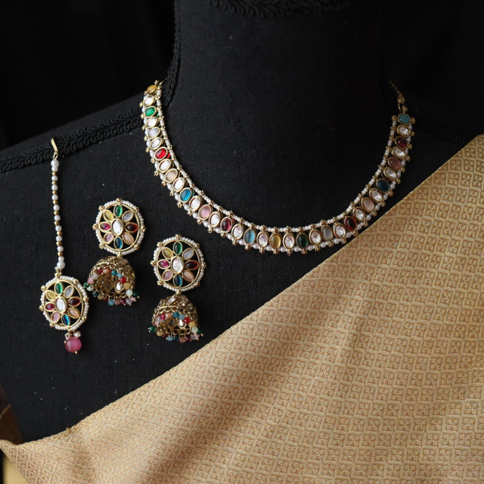 Trendy multi colour bead choker necklace with earrings and tikka 2223566