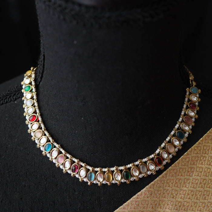 Trendy multi colour bead choker necklace with earrings and tikka 2223566