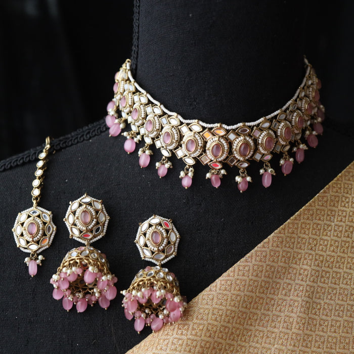 Trendy pink bead choker necklace with earrings and tikka 3115566