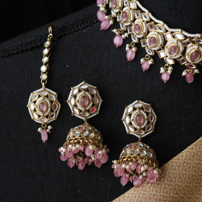 Trendy pink bead choker necklace with earrings and tikka 3115566