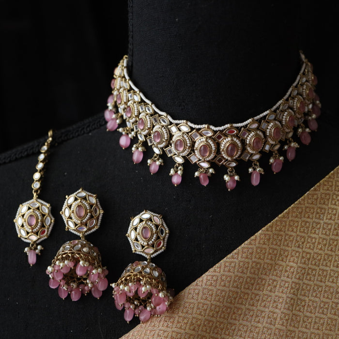 Trendy pink bead choker necklace with earrings and tikka 3115566