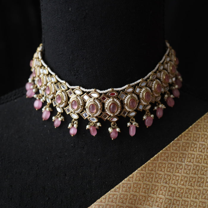 Trendy pink bead choker necklace with earrings and tikka 3115566