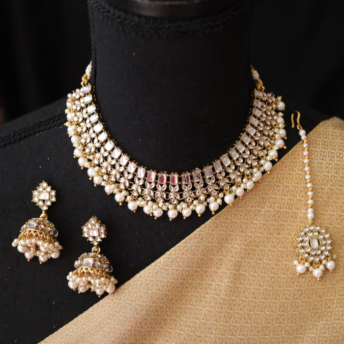 Trendy white bead short necklace with earrings and tikka 13646